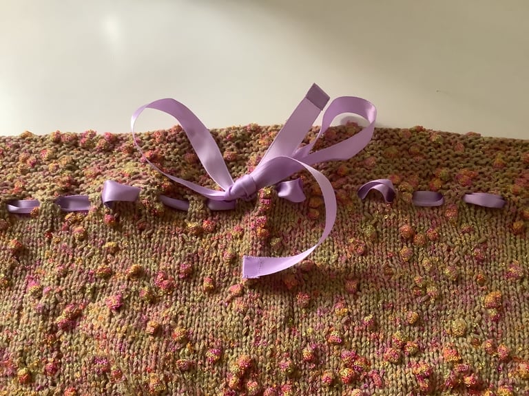 Hand Knitted Baby Blanket in Gold, Pink & Purple in an Exclusive Yarn