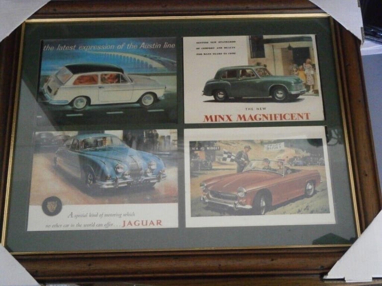 COLLECTION OF 4 CLASSIC CAR POSTCARDS MOUNTED AND FRAMED CLASSIC CAR FAN PRESENT ?