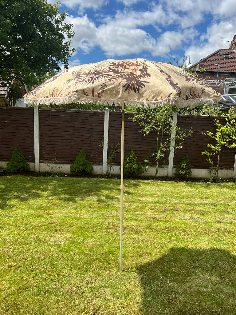 image for Vintage Garden Parasol approx 1960s - 1970s Brown Cream & Orange The parasol has a tilt mechanism.