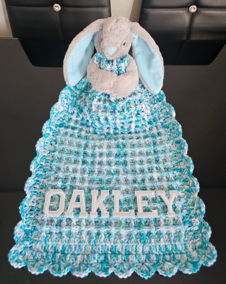 Crochet Baby Comfort Blanket, Personalised, Girls and Boys colours available