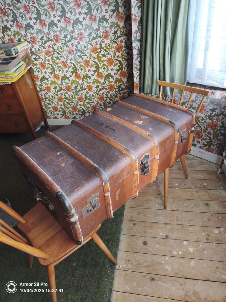 image for Vintage Leather & Wood‑Slat Suitcase – Retro Travel Prop / Décor