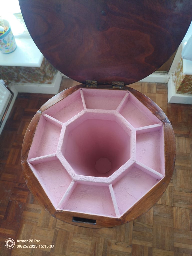 Vintage Wooden Sewing Table – Hinged Top & Pink‑Lined Storage