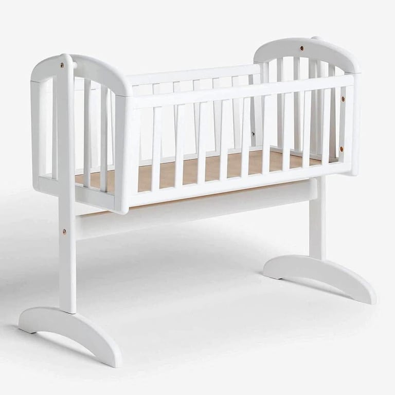 White Birch John Lewis Anna Swinging Crib Newborn Baby Wooden Cot + Mattress + Sheets