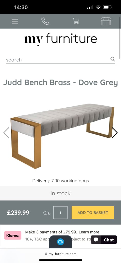 Brass And Dove Grey Bench dining/hallway/end of bed ex-display