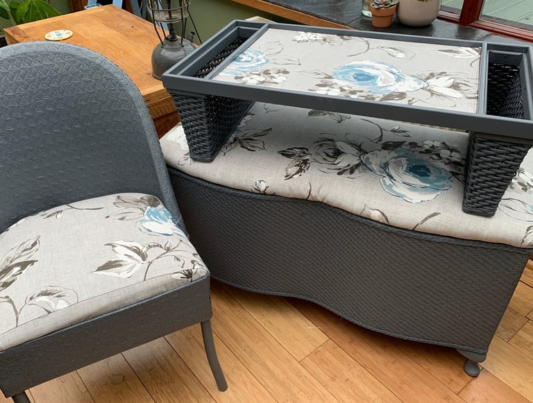 Wicker & fabric ottoman with matching chair & laptray