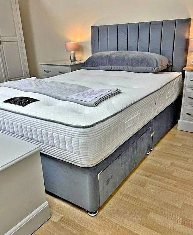 image for @Divan Double Bed  -  With Panel Line Headboard & Bed Base | Same Day Delivery !! **