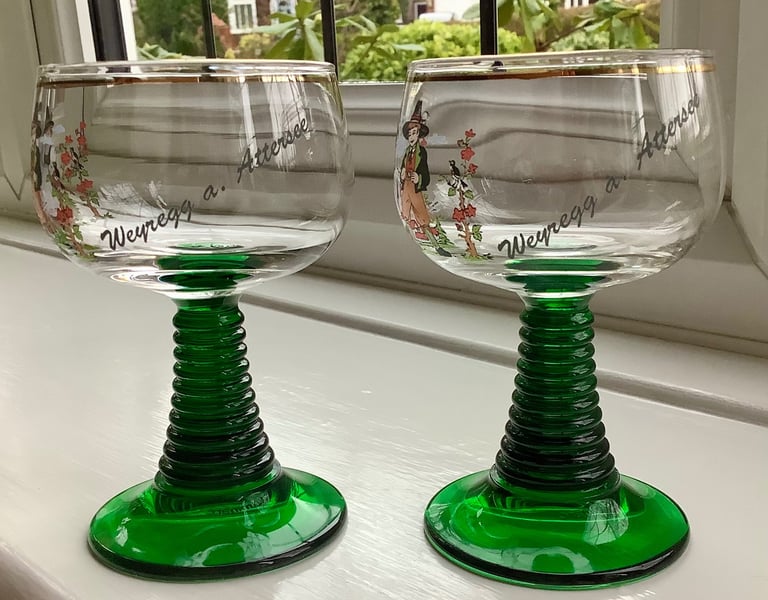 Vintage Roemer Ribbed Green Stemmed Glasses, Set of Two