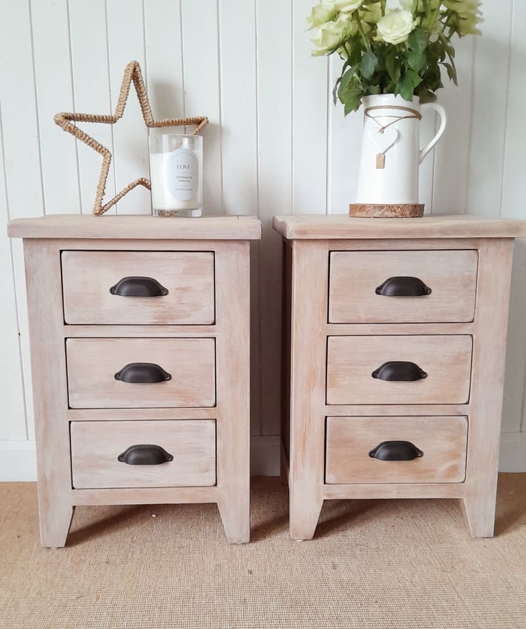 Rustic washed oak 3 drawer bedside chest,  industrial style bedroom futniture