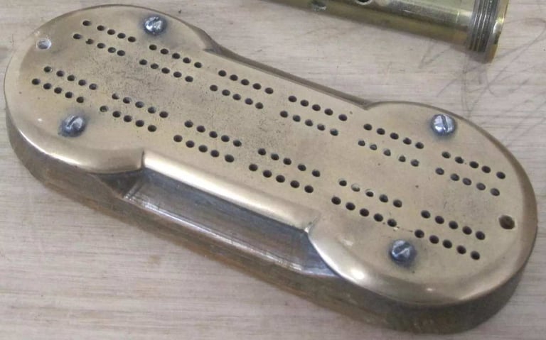 image for Rare Vintage WW1 Trench Art Cribbage Board - Very Heavy Well Made nice Wood Base