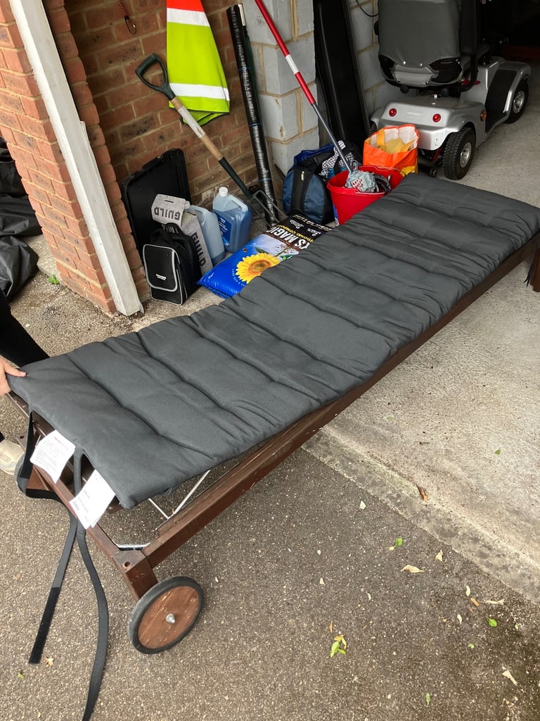 Pair of wooden sun loungers with cushions 