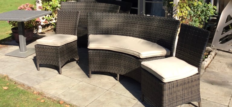 Rattan bench with 2 chairs inc cushions which are in perfect condition 