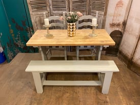 Lovely rectangular dining table 2 chairs and bench – local delivery