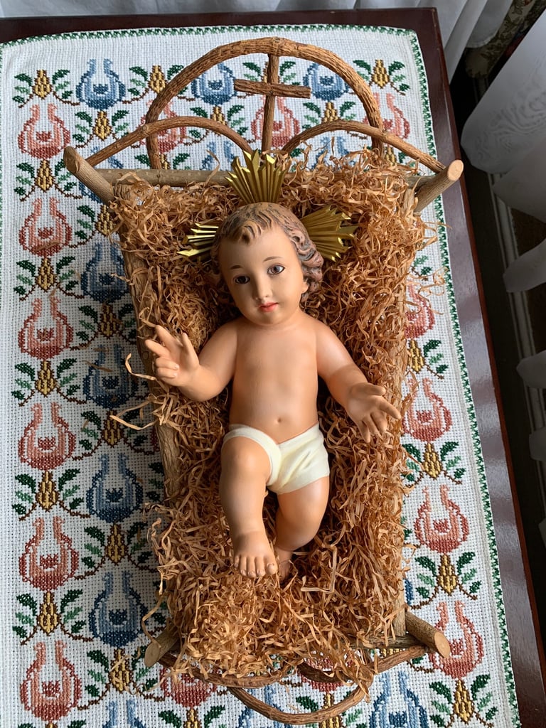 image for Antique Spanish Baby Jesus in a Manger, Nativity Scene by prestigious Spanish maker, DIMOSA
