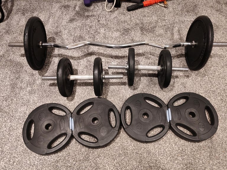 50kg of free weight, 2 x dumbbell bars, and 1 x curl bar
