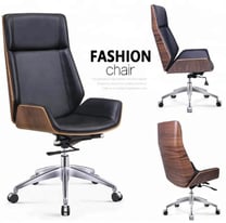 Walnut Wood Leather Chair Shell Black High Back Swivel Executive Office Chair New!