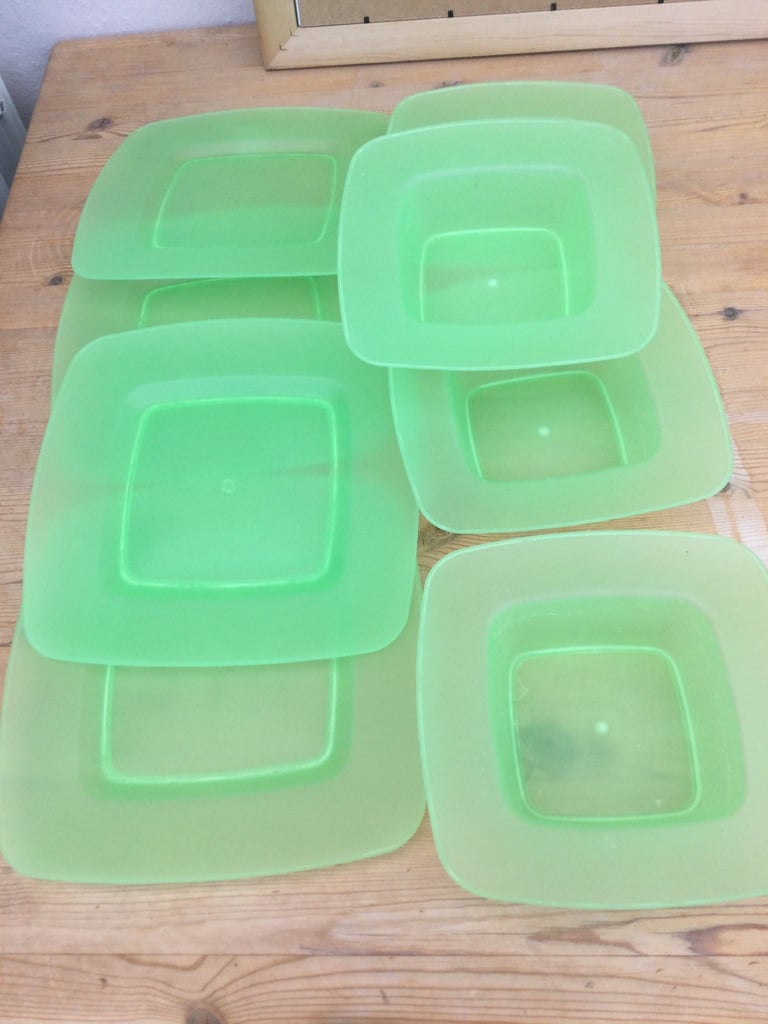 image for 4 green plastic plates & bowls. Excellent condition. £5 the lot. Can p