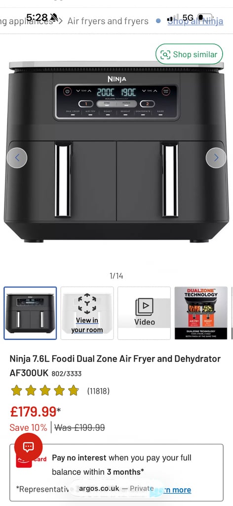 Ninja Foodi Dual Zone 7.6L Air Fryer and Dehydrator - Black