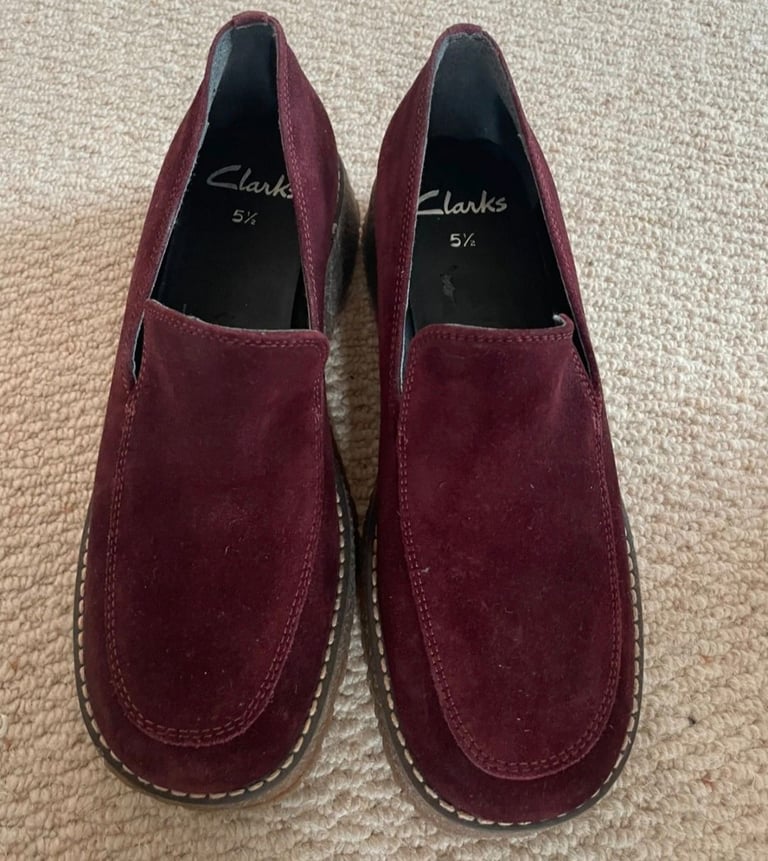 Clarks Burgundy Suede Low Wedge Loafers