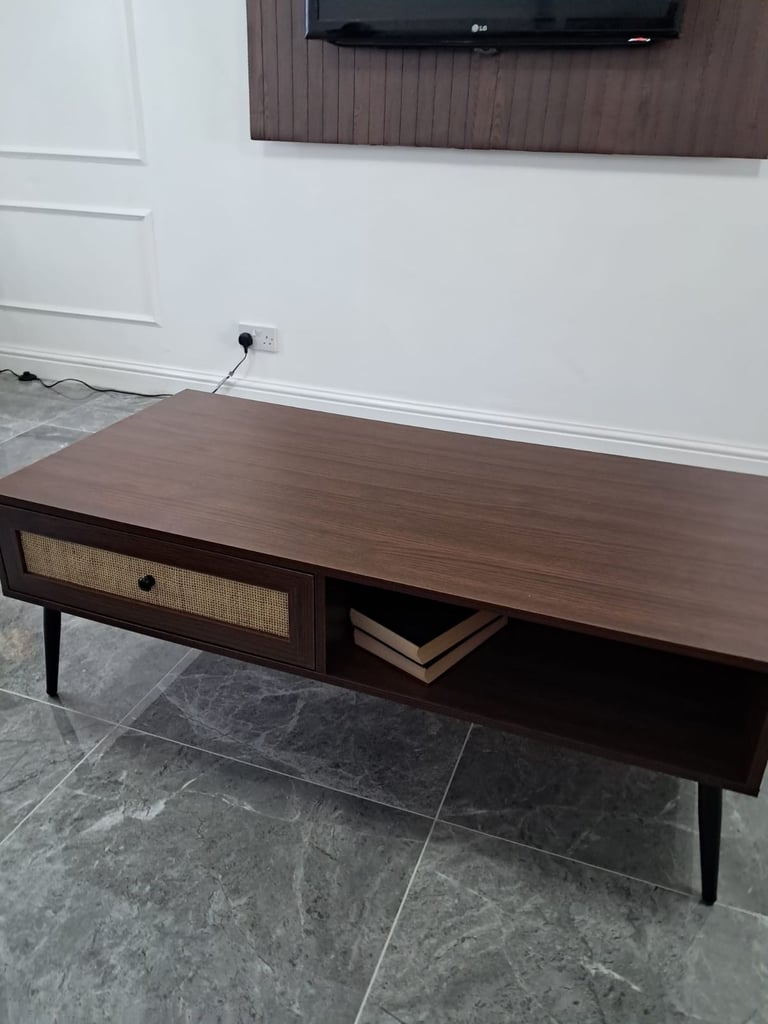 Brand new Walnut wooden coffee table with ratan drawer