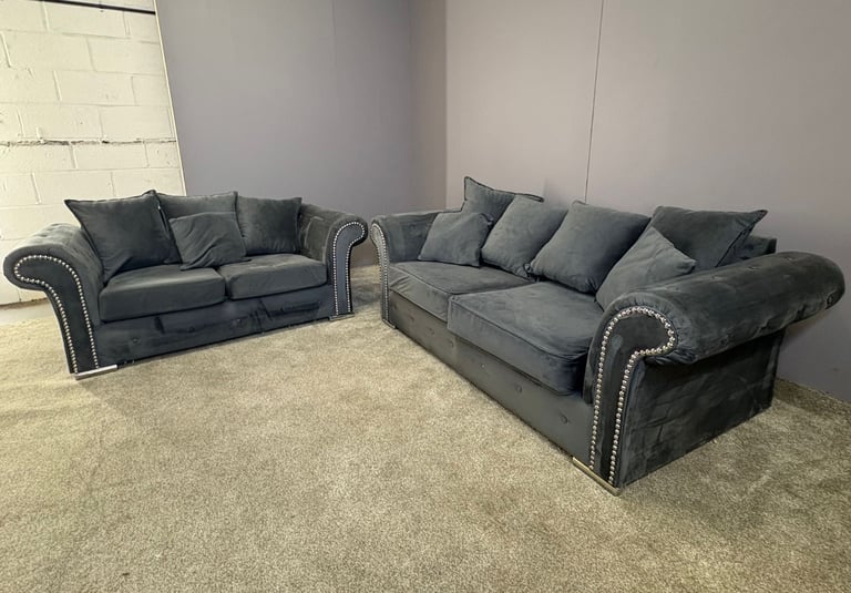 Grey French velvet 3 seater and 2 seater sofa DELIVERY AVAILABLE!