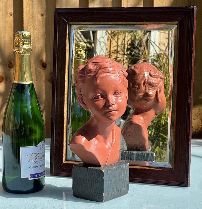 ANTIQUE FRENCH PLASTER BUST OF A YOUNG BOY, PAINTED CHALKWARE STATUE, 27cm tall - 1900s - WILL POST!