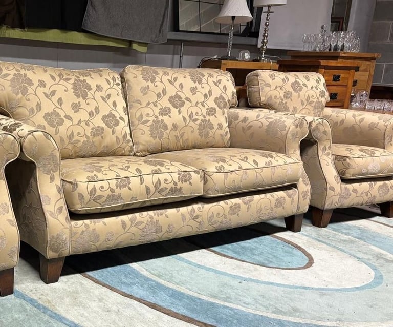Flowers Pattern Beige Fabric 3 Seater Sofa and Chair 
