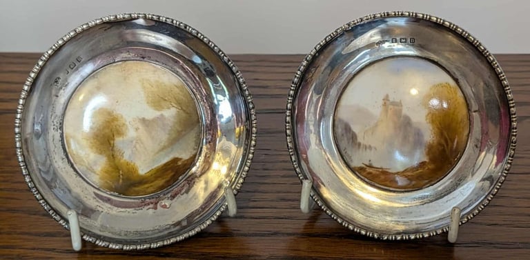 image for 2 Antique Pin Dishes with Ceramic Inserts. Royal Worcester. Hallmarked