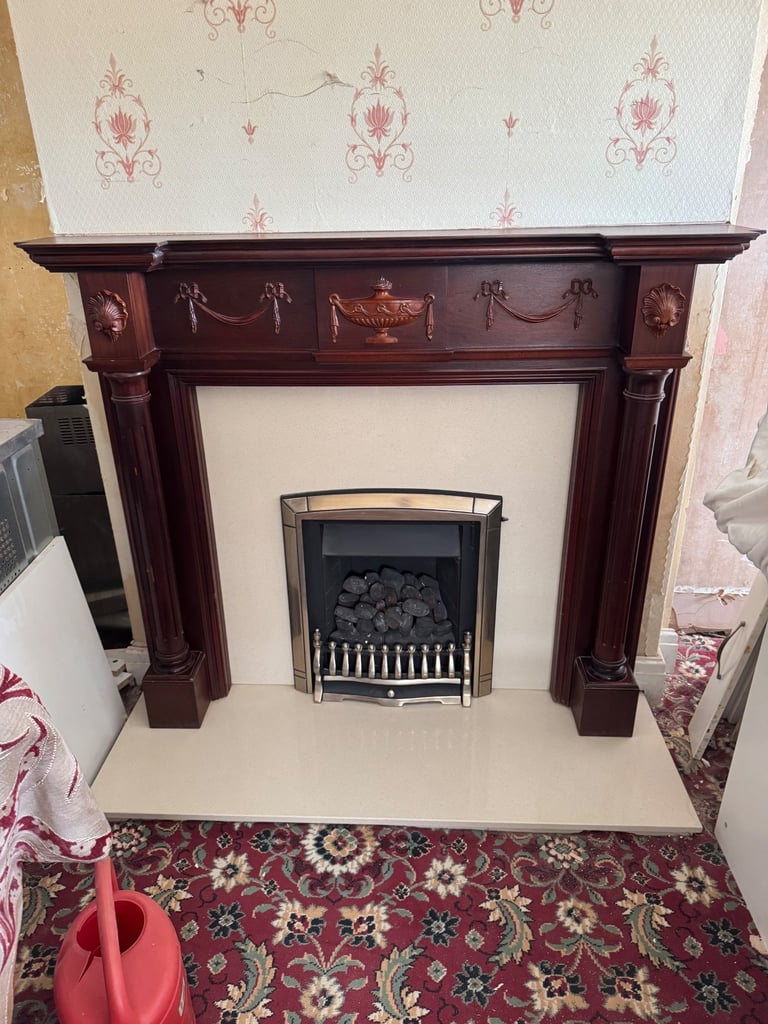 Wood fire surround marble heart and gas fire 