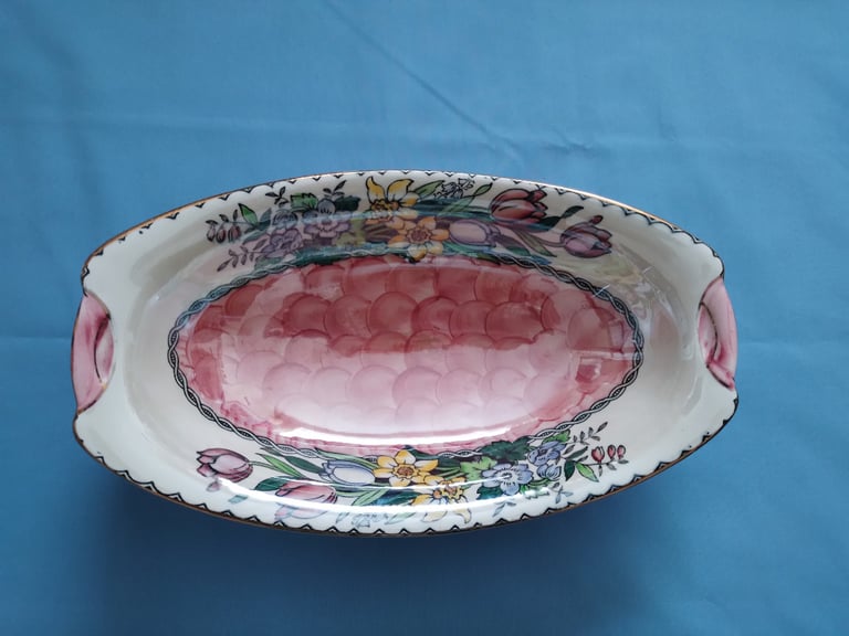 image for VINTAGE 'MALIN WARE' thumbprint oblong dish - 'Springtime' from the 1940s. Exc. cond.