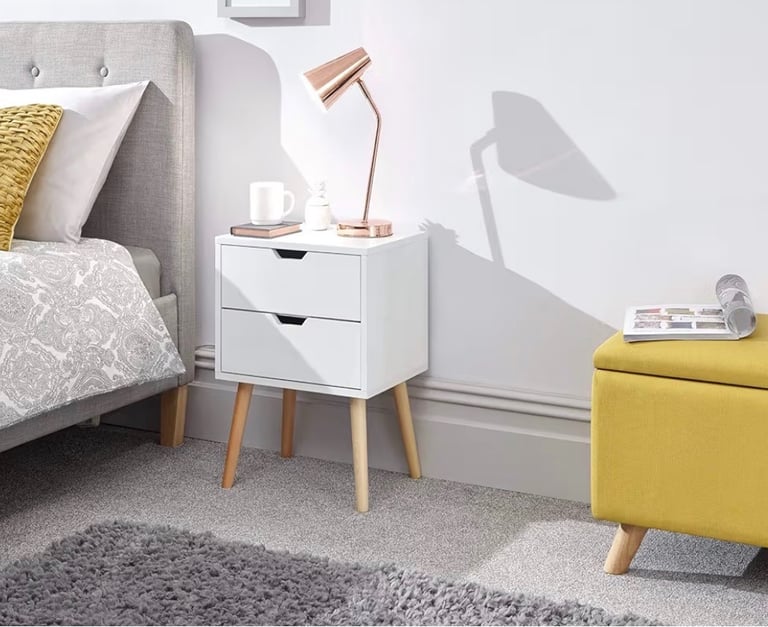 image for GFW Scandinavian Style Bedside Table With 2 Drawer Modern Bedroom Wood, White