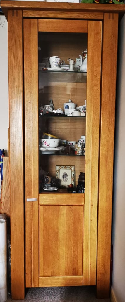 image for Solid Oak wood glass shelves display unit cabinet 