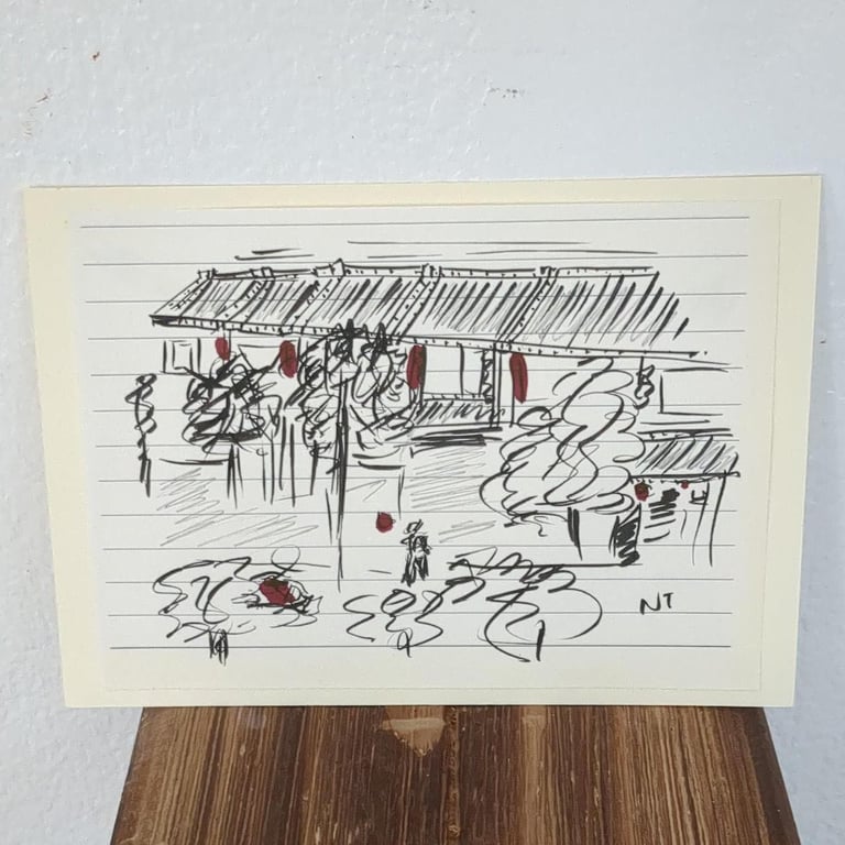 Sketch of a traditional home on a lined paper 'Chinese house with a red lantern'  