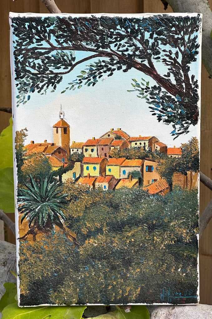 VINTAGE FRENCH OIL PAINTING, OIL ON CANVAS VILLAGE IN PROVENCE, SIGNED - 35x22cm - WILL POST!