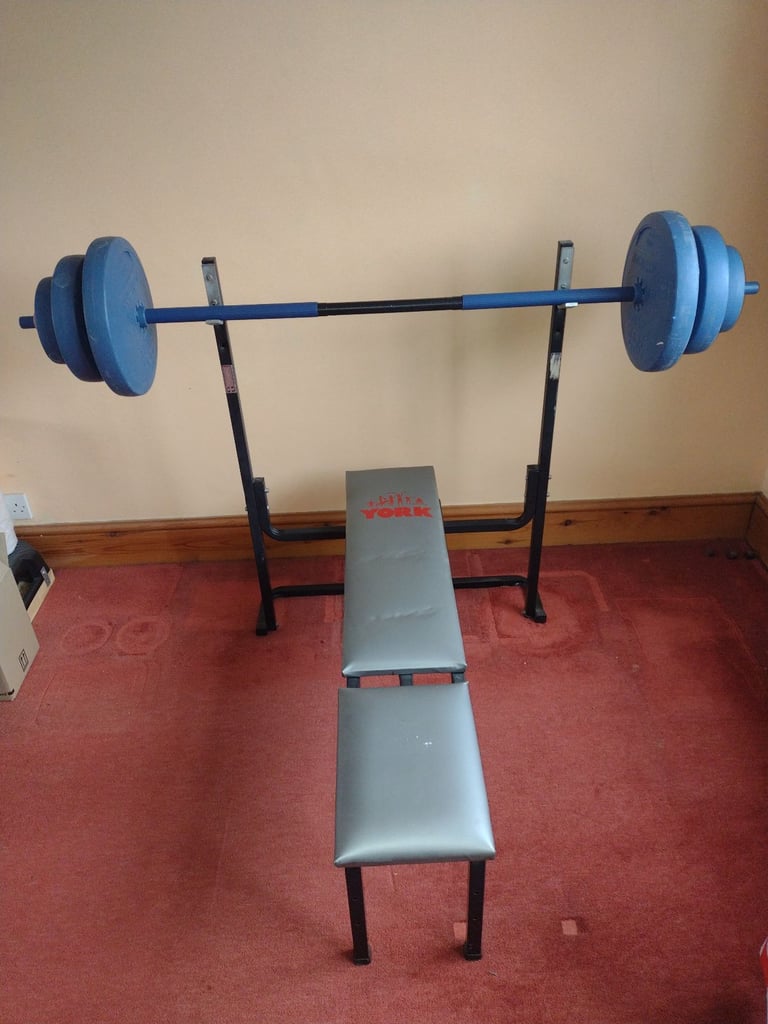 image for York weight bench with bar and weights