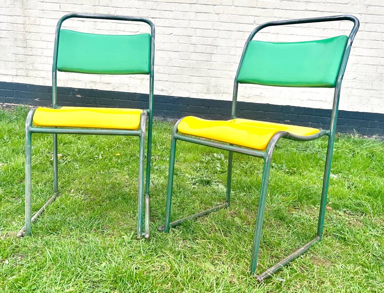 Yellow stacking vintage chairs antique dining kitchen industrial restaurant retro seating cafe