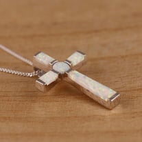 image for Solid 925 Sterling Silver White Opal Cross Pendant Necklace