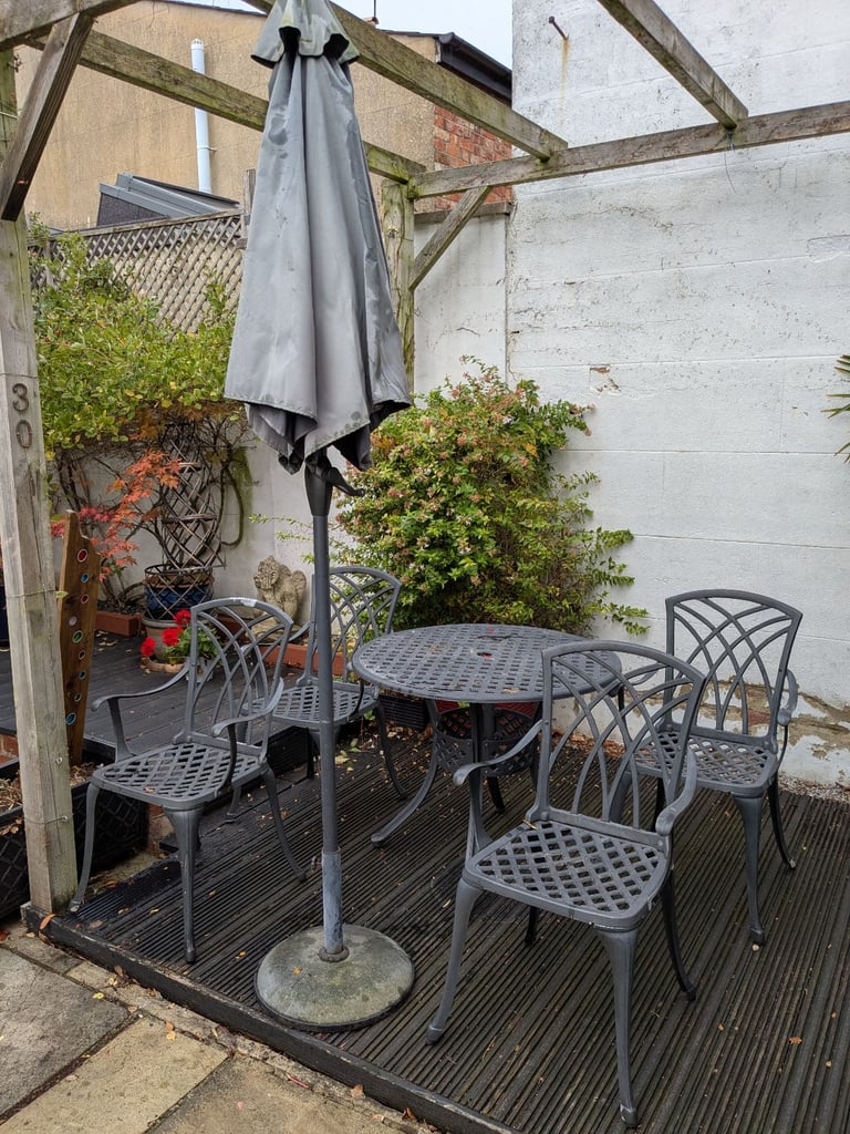 image for Garden bistro set, 4 chairs, table, parasol and base