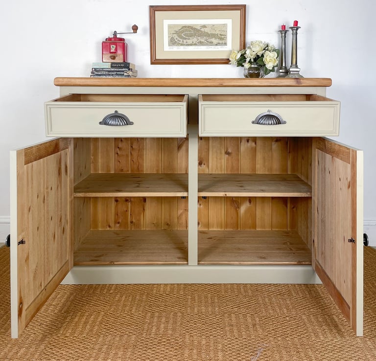 Large 4ft Extra thick chunky solid pine sideboard chest of drawers cupboard pewter pulls