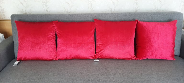 4 New Red Cushions from Dunelm Mill, 43x43cm, 17x17", Velour, Slight Shimmer, RRP £8+£5 each