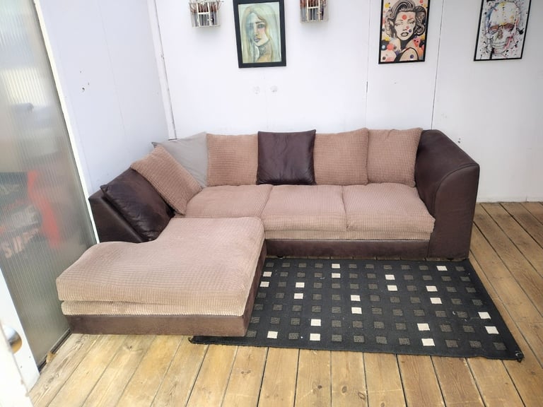image for Corner fabric sofa in brown and beige-excellent condition