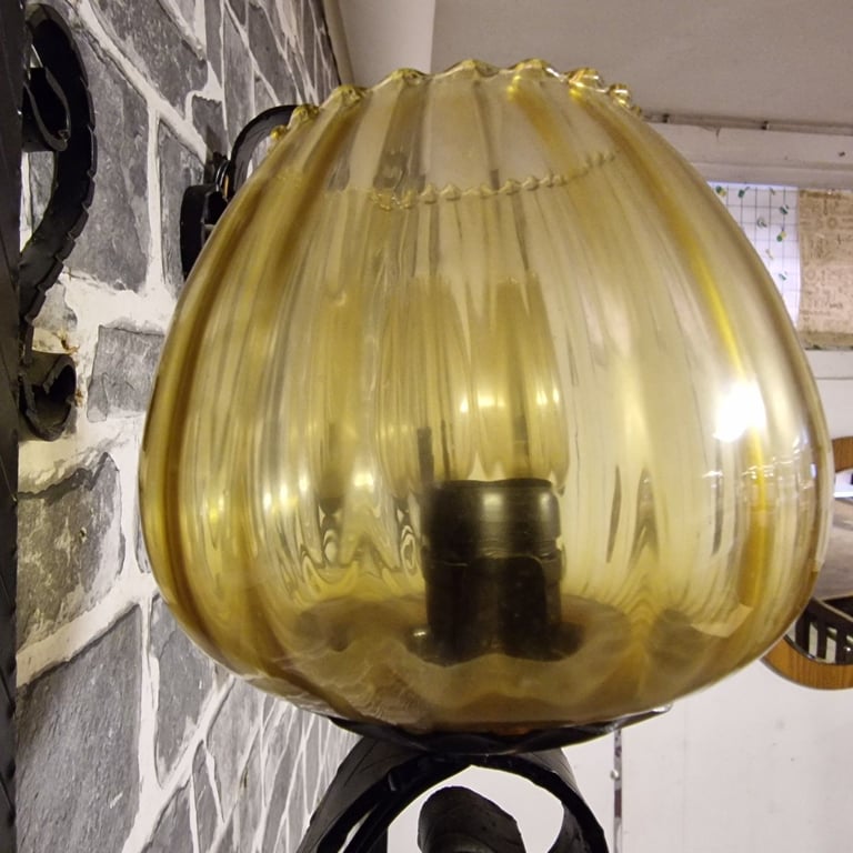 Pair of Vintage Wrought Iron Wall Sconces with Amber Glass Shades