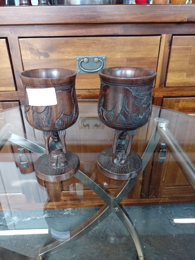 Pair of vintage hand carved wooden goblet, ref:18440 £20.00
