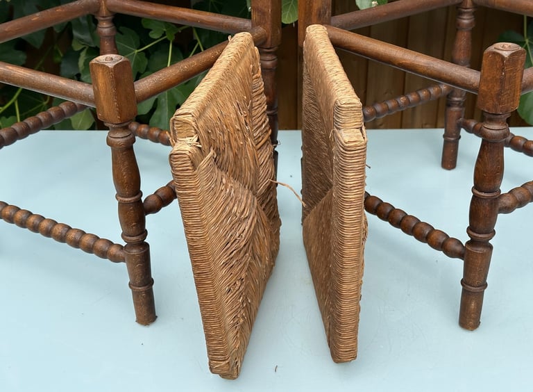 VINTAGE FRENCH BOBBIN LEG CHAIRS, CORNER CHAIRS, RUSH SEAT, H74cm - 1900s ARTS & CRAFTS - WILL POST!