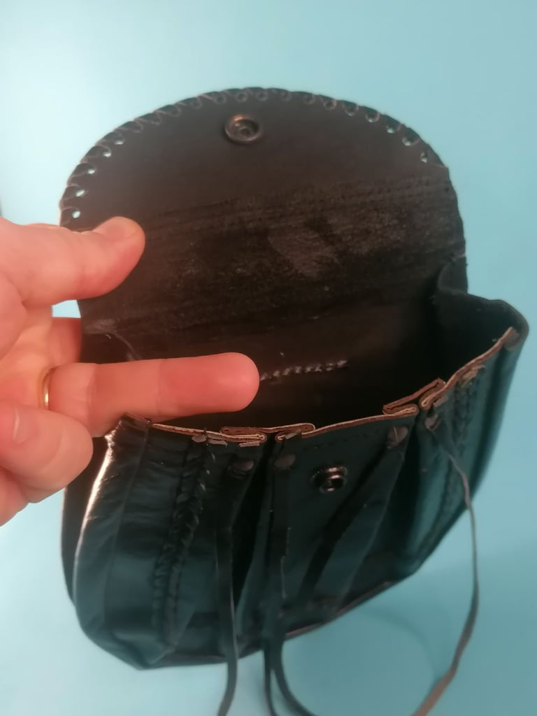 Vintage style Scottish Kilt Black Leather Sporran. With Lace Tassels. No chain belt