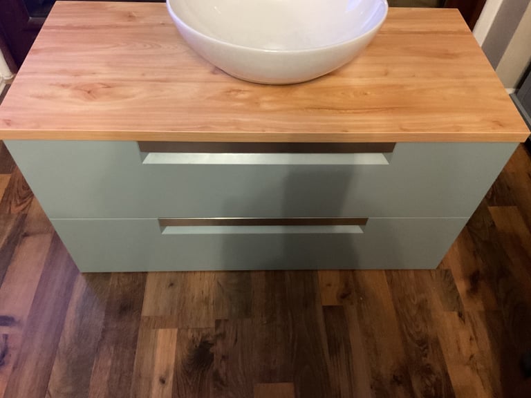 Evoke 1000mm wall hung vanity in Aquamarine, counter, basin, mixer and waste