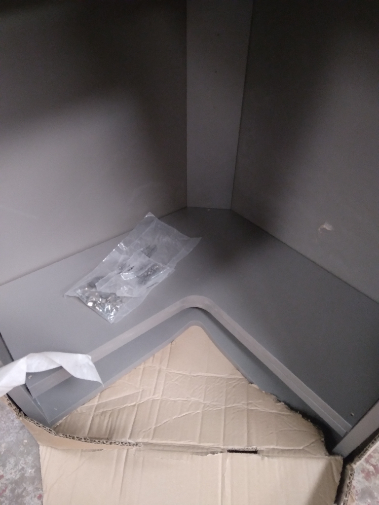 Howdens corner open cabinet. 2 shelves with hangers. Grey. New and unused. 62 x 62 x 72cm