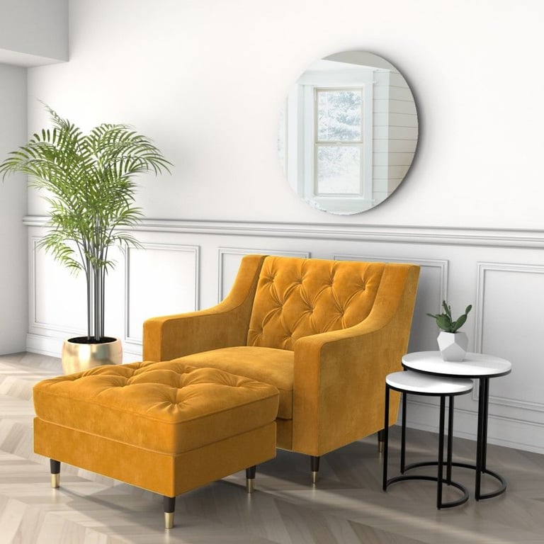 Buttoned Velvet Armchair & Footstool in Mustard - Cole