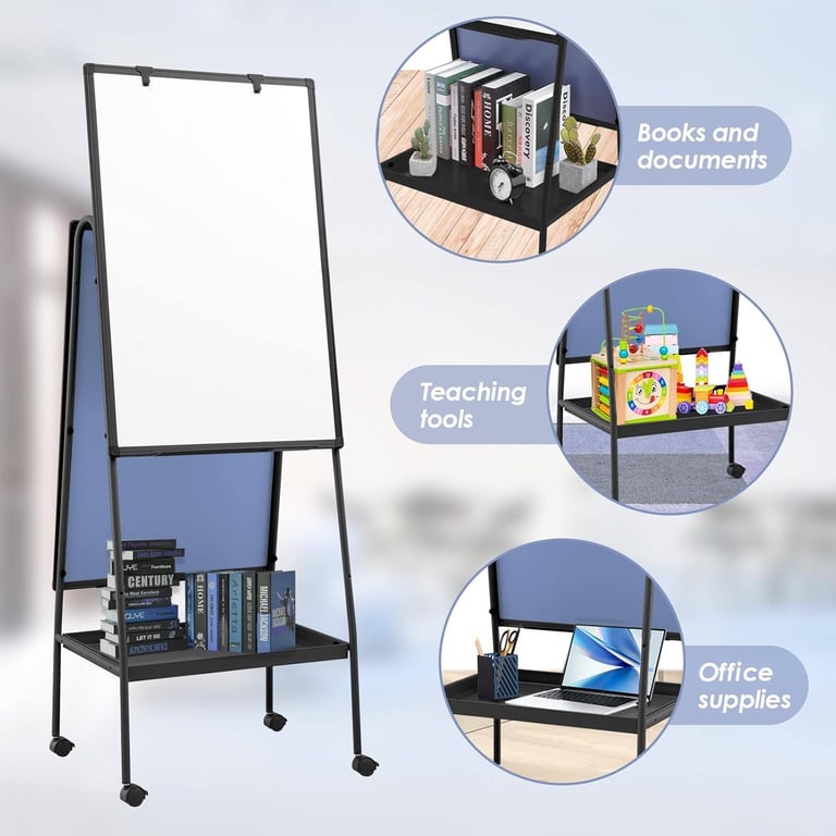 BRAND NEW : MAKELLO Rolling Whiteboard – 90x60cm, Double-Sided, Height Adjustable, Storage Tray