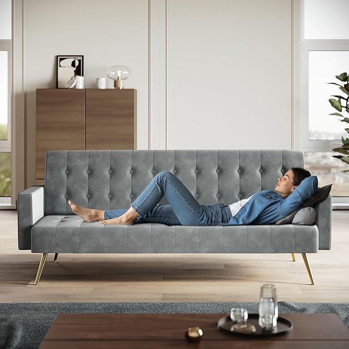 New Grey Velvet Sofa Bed 3 Seater with Square Armrest and Legs RRP £250 Our Price £195