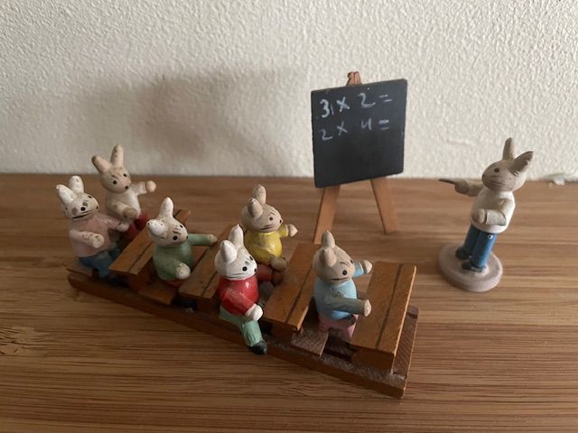 image for Vintage Erzgebirge Easter Bunny Rabbit School Wooden Miniature Set - 1930’s German